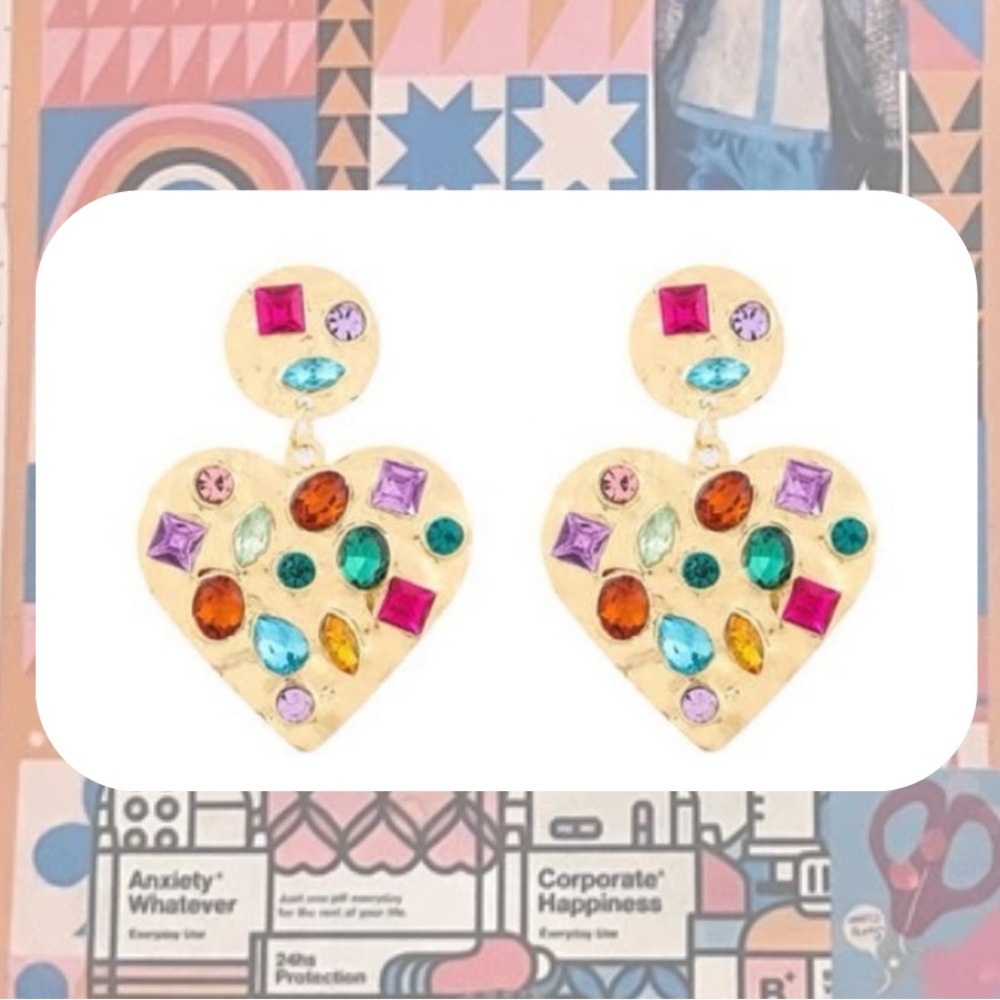 🏷️🎉🆕 boutique faux gold heart shaped earrings with multicolor gemstones